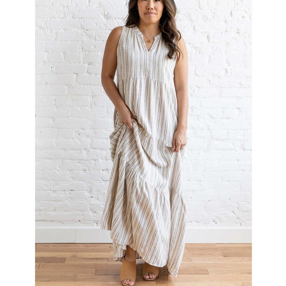 Thread & Supply Indie Tiered Maxi Linen Dress | Sz S, Brown grey Stripe Cottage